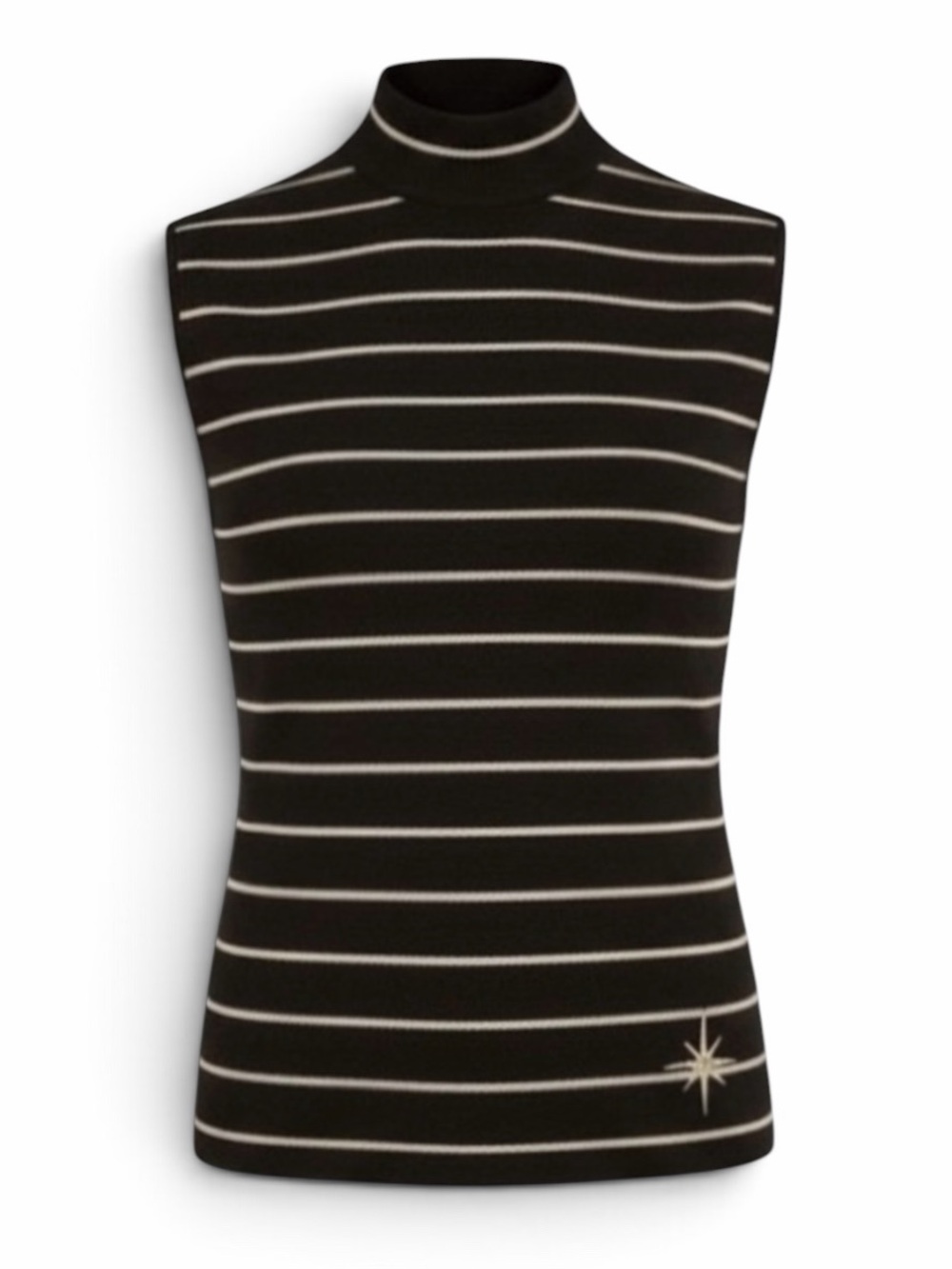St. John Black with Gold Stripes Sleeveless Mock Neck Knit Sweater Size 2